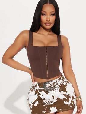 Brown Western Square-Neck Hook-Front Cowboy Cowgirl Corset Top - Women